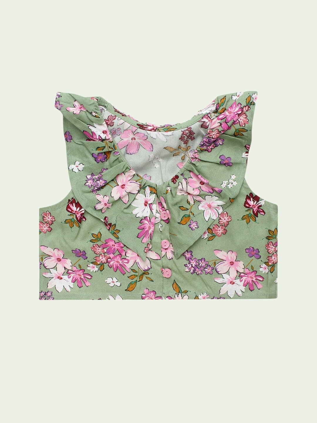 

Superminis Girls Floral Printed V-Neck Sleeveless Ruffles Detail Crop Top, Green