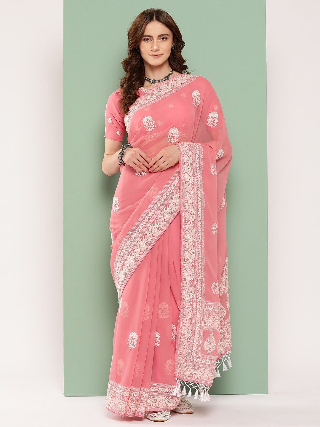 

Shaily Pink Floral Chikankari Embroidered Pure Georgette Saree