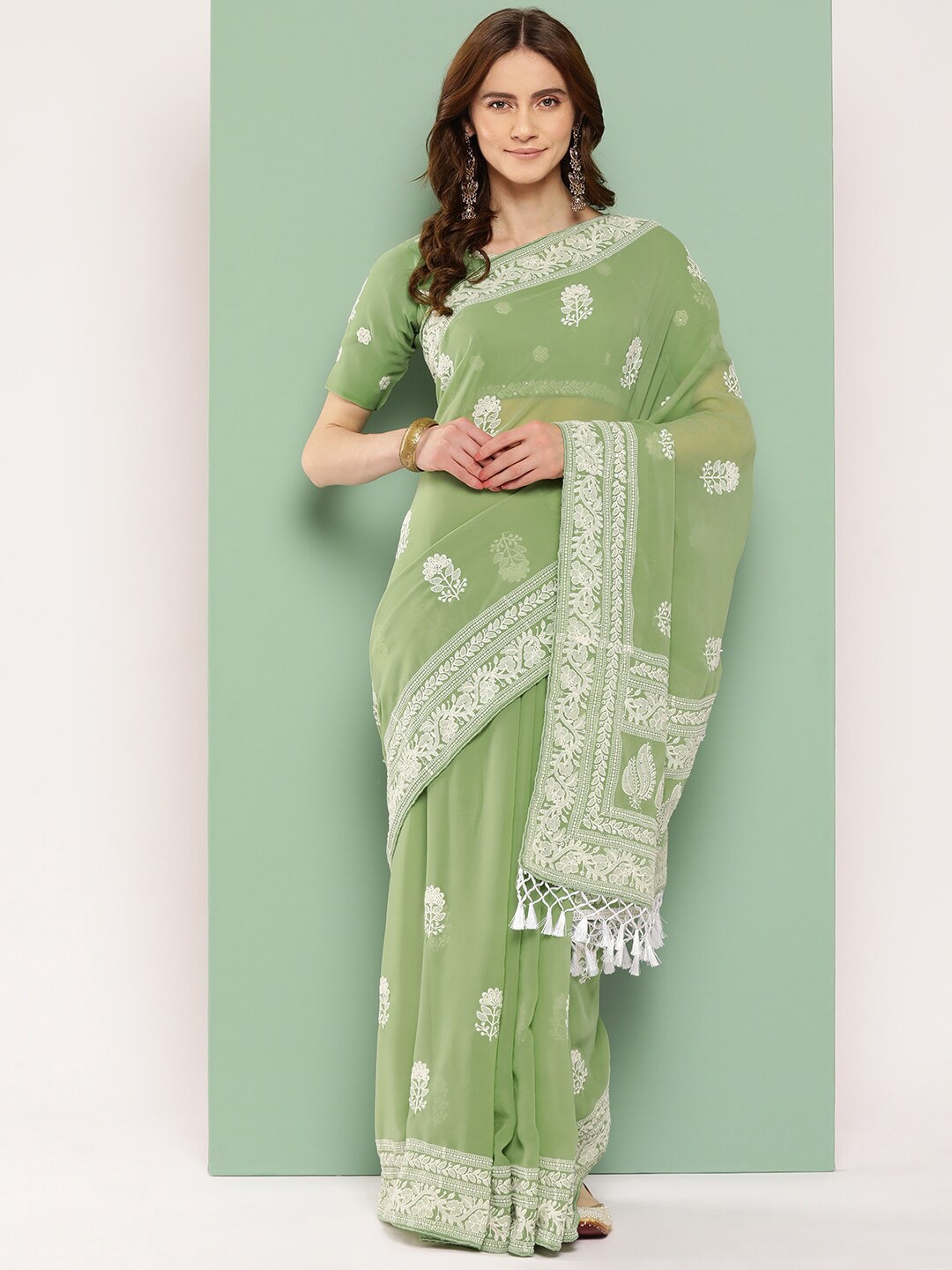 

Shaily Green & White Ethnic Motifs Chikankari Pure Georgette Saree
