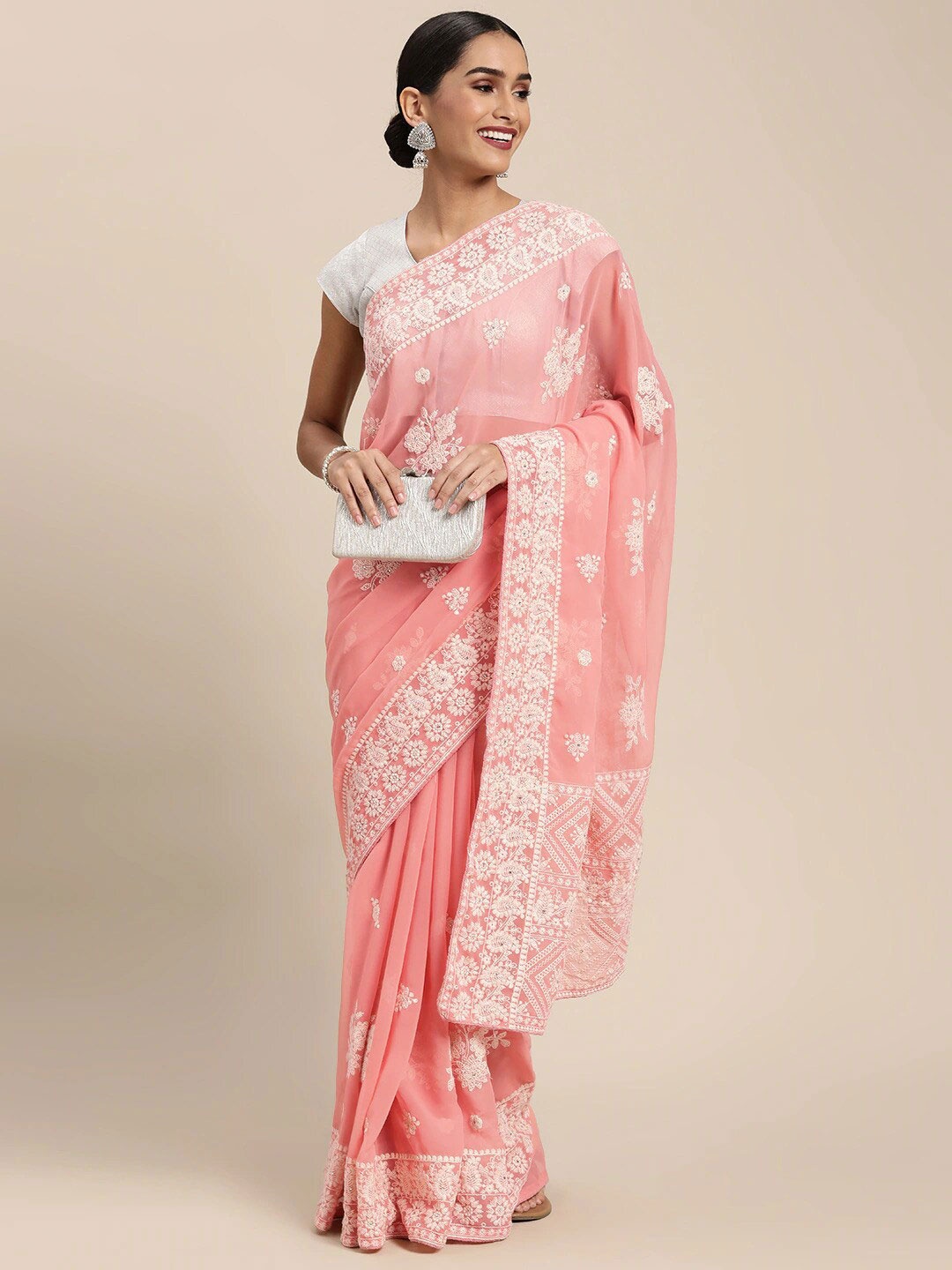 

Mitera Floral Chikankari Pure Georgette Saree, Pink