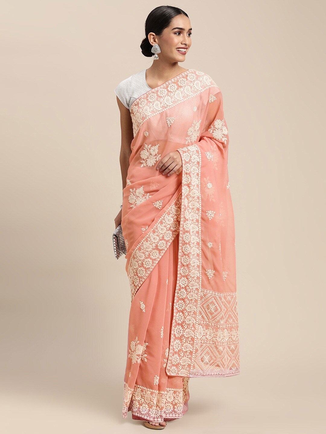 

Mitera Floral Chikankari Pure Georgette Saree, Peach