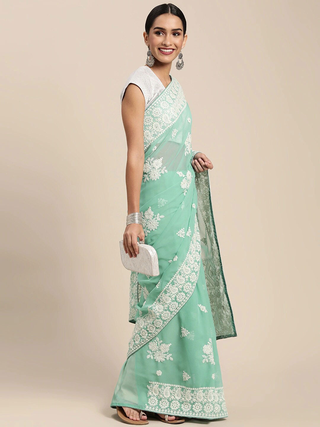 

Mitera Floral Chikankari Pure Georgette Saree, Green