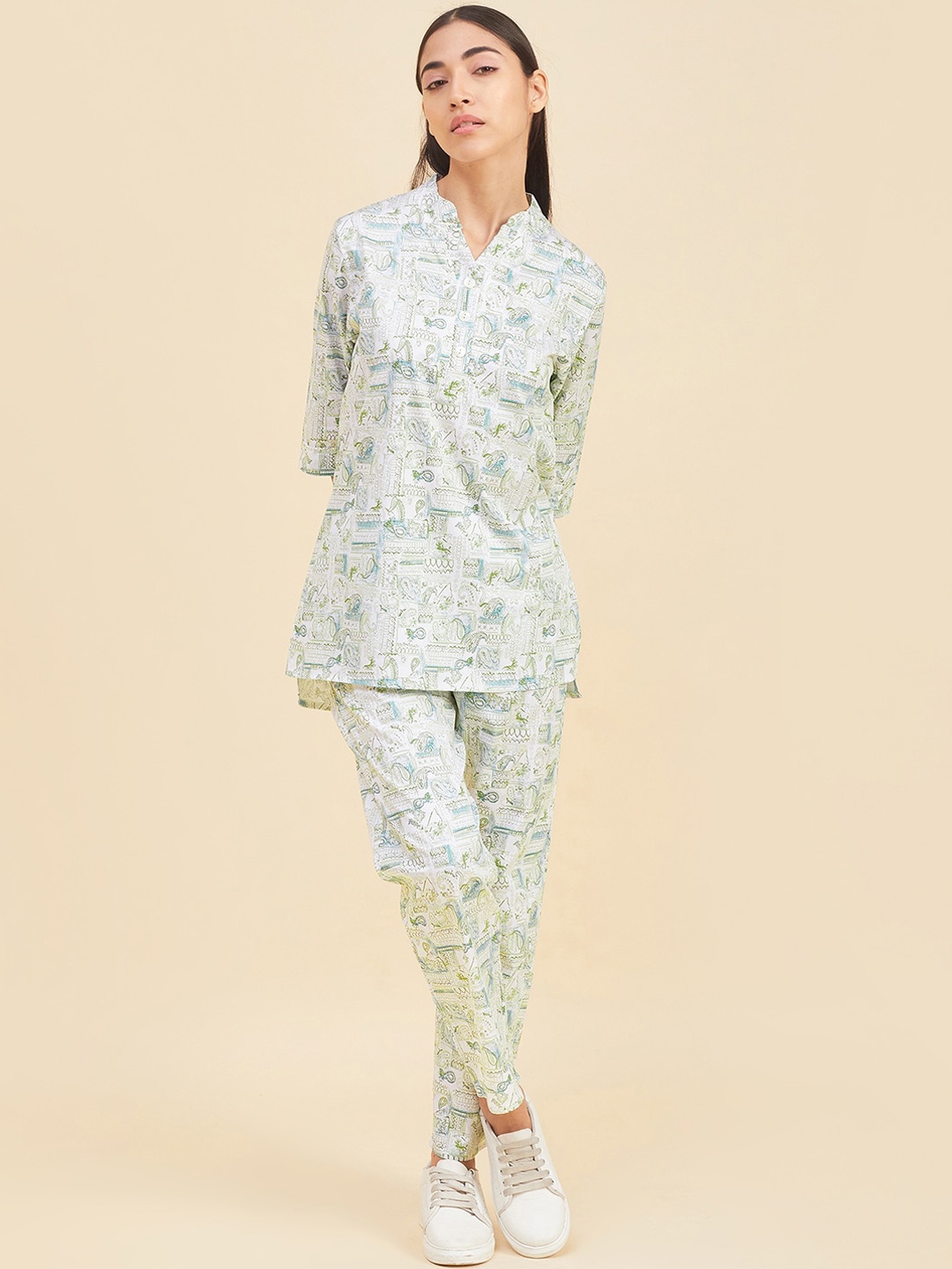 

Sweet Dreams Paisley Printed Mandarin Collar Pure Cotton Tunic With Trousers, White