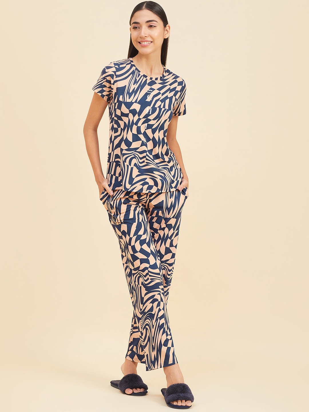 

Sweet Dreams Navy Blue & Pink Abstract Printed Night Suit