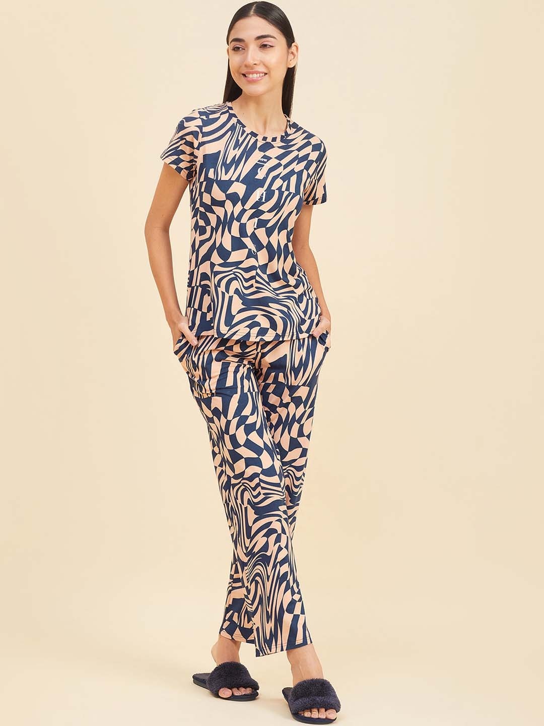 

Sweet Dreams Navy Blue Abstract Printed Night suit