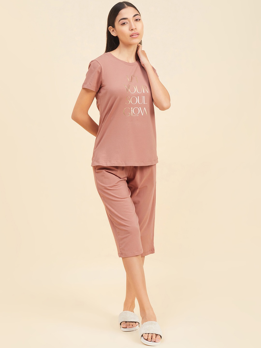 

Sweet Dreams Camel Brown Typography Printed Pure Cotton Night suit