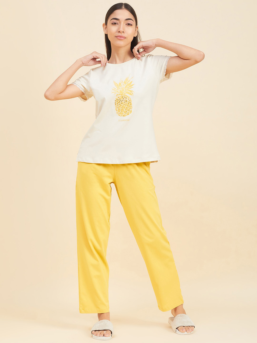 

Sweet Dreams Yellow Graphic Printed Pure Cotton Night Suit