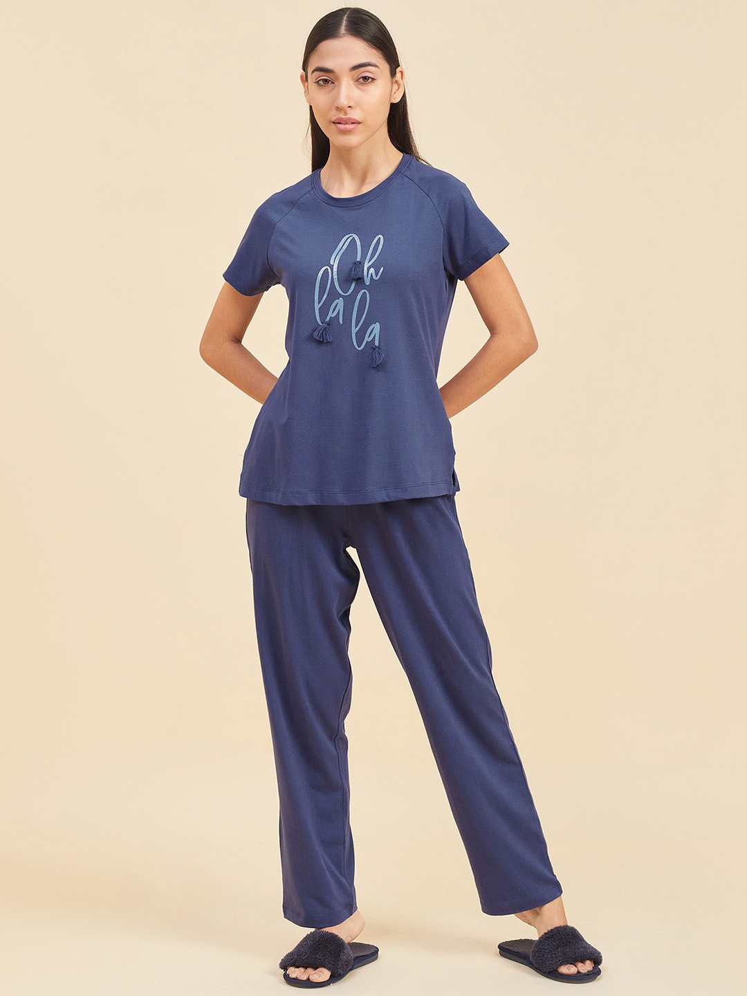 

Sweet Dreams Navy Blue Typography Printed Pure Cotton Night Suit