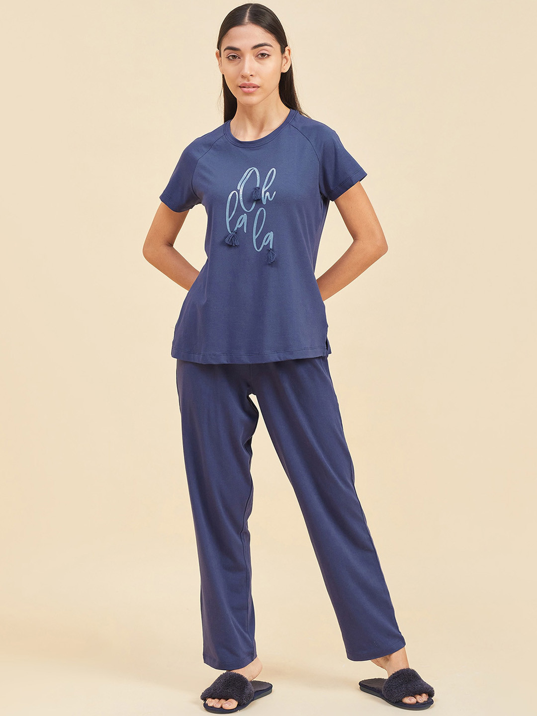 

Sweet Dreams Blue Typography Printed Pure Cotton Night suit, Navy blue