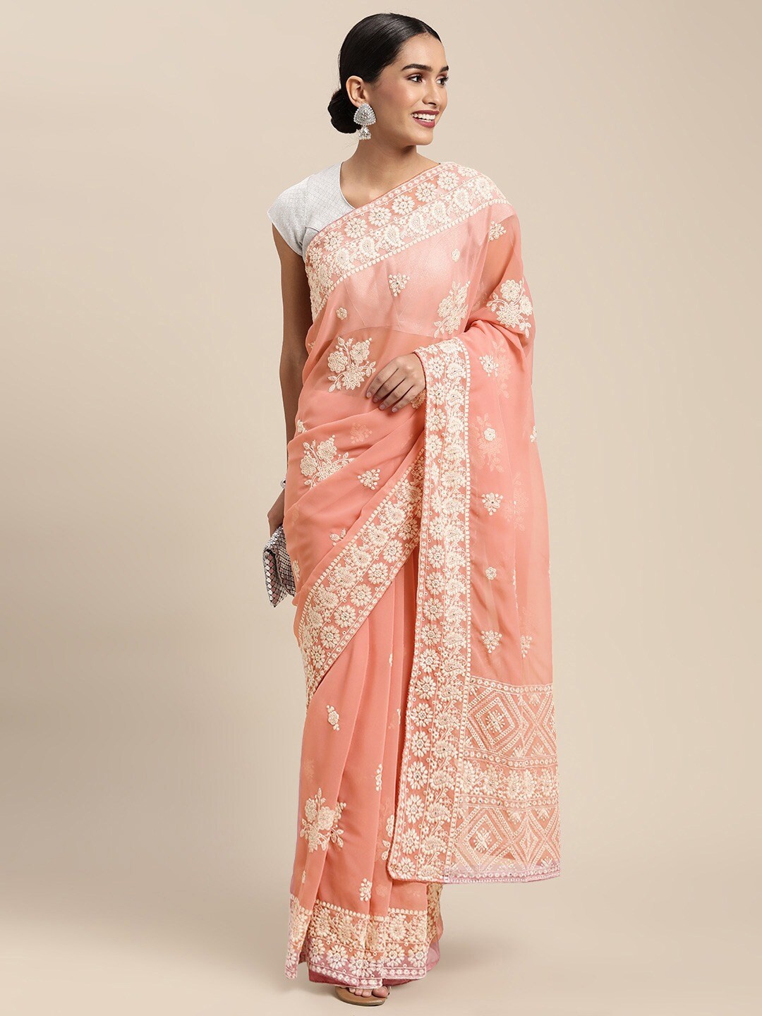 

KALINI Floral Embroidered Chikankari Pure Georgette Saree, Peach