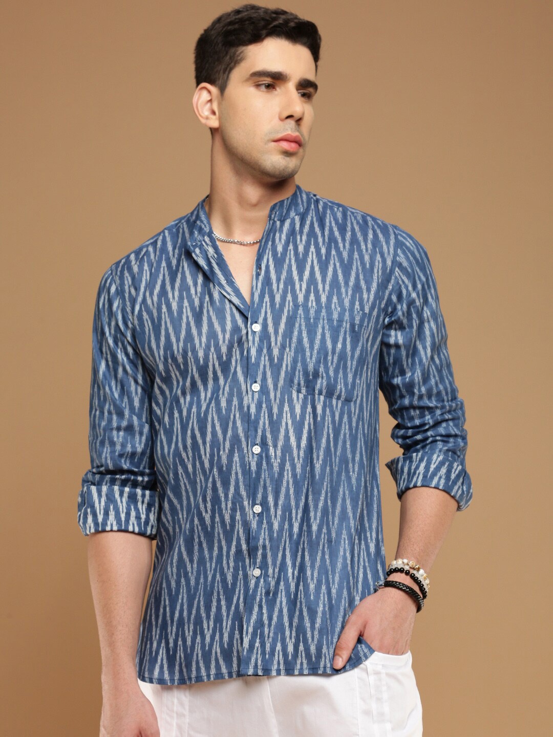 

Sangria Ikat Printed Mandarin Collar Comfort Cotton Straight Shirt, Blue