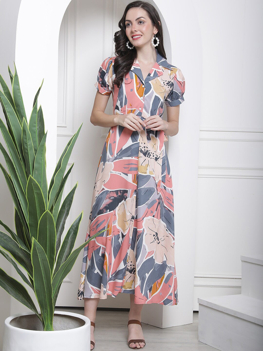 

Claura Floral Printed Belted A Line Maxi Dress, Pink