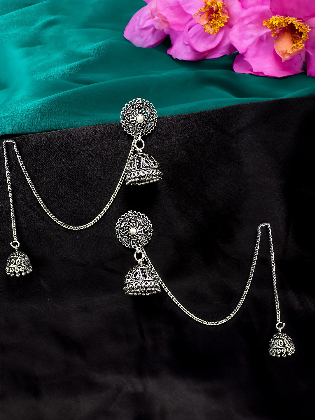 

PRIVIU Silver-Plated Dome Shaped Oxidised Jhumkas