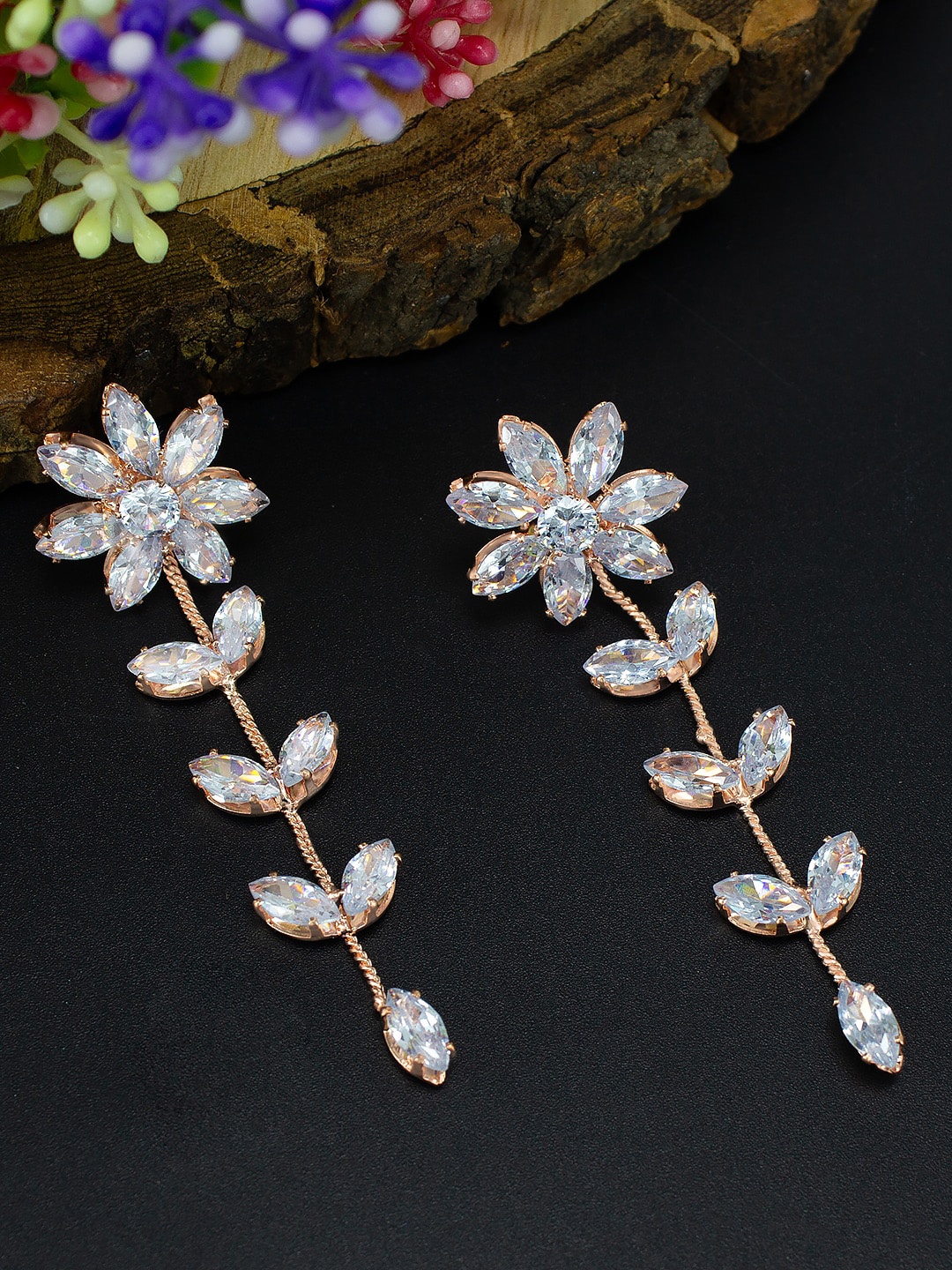 

PRIVIU Rose Gold Plated American Diamond Floral Drop Earrings
