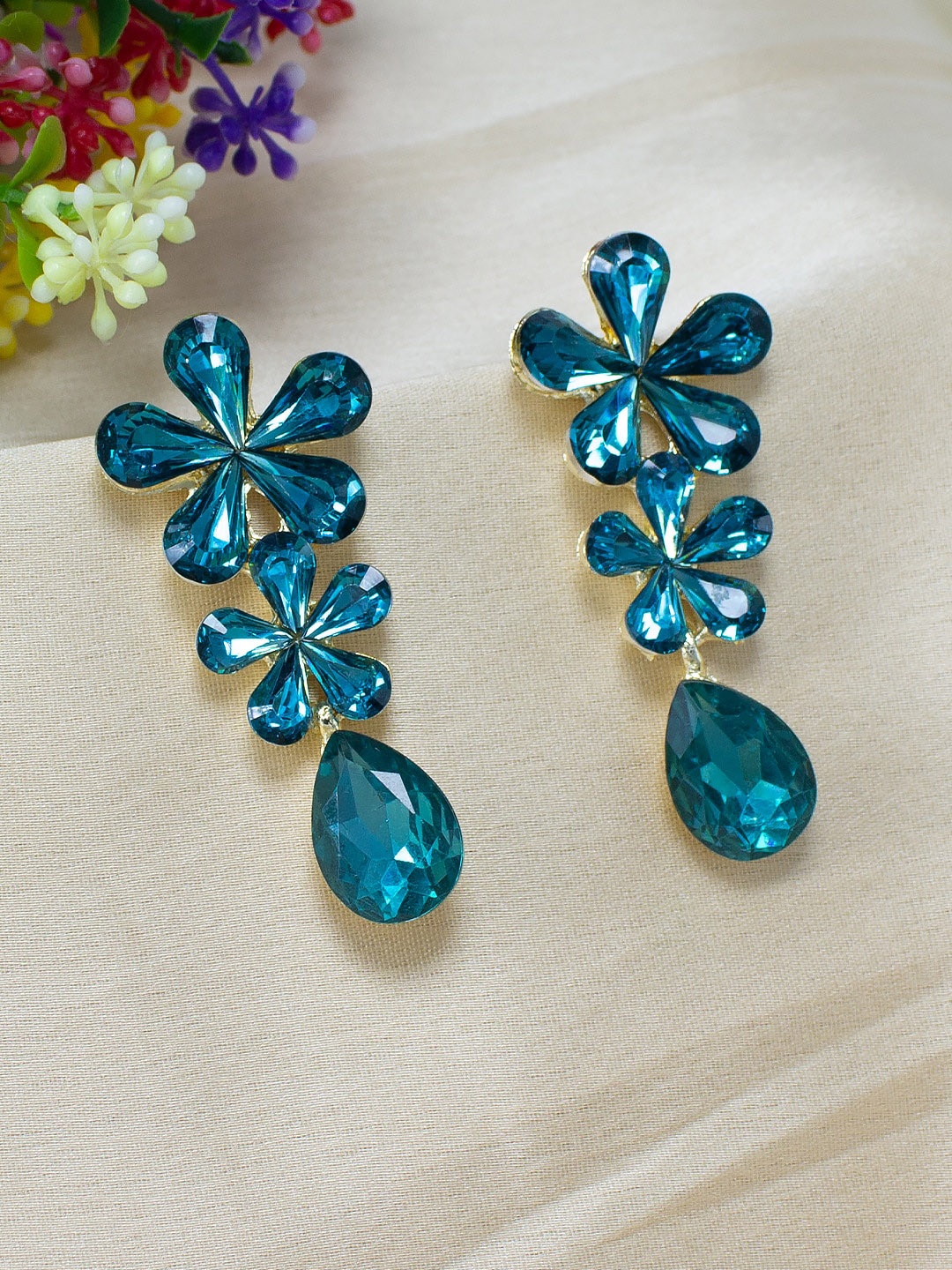 

PRIVIU Gold-Plated Crystal Floral Drop Earrings, Blue