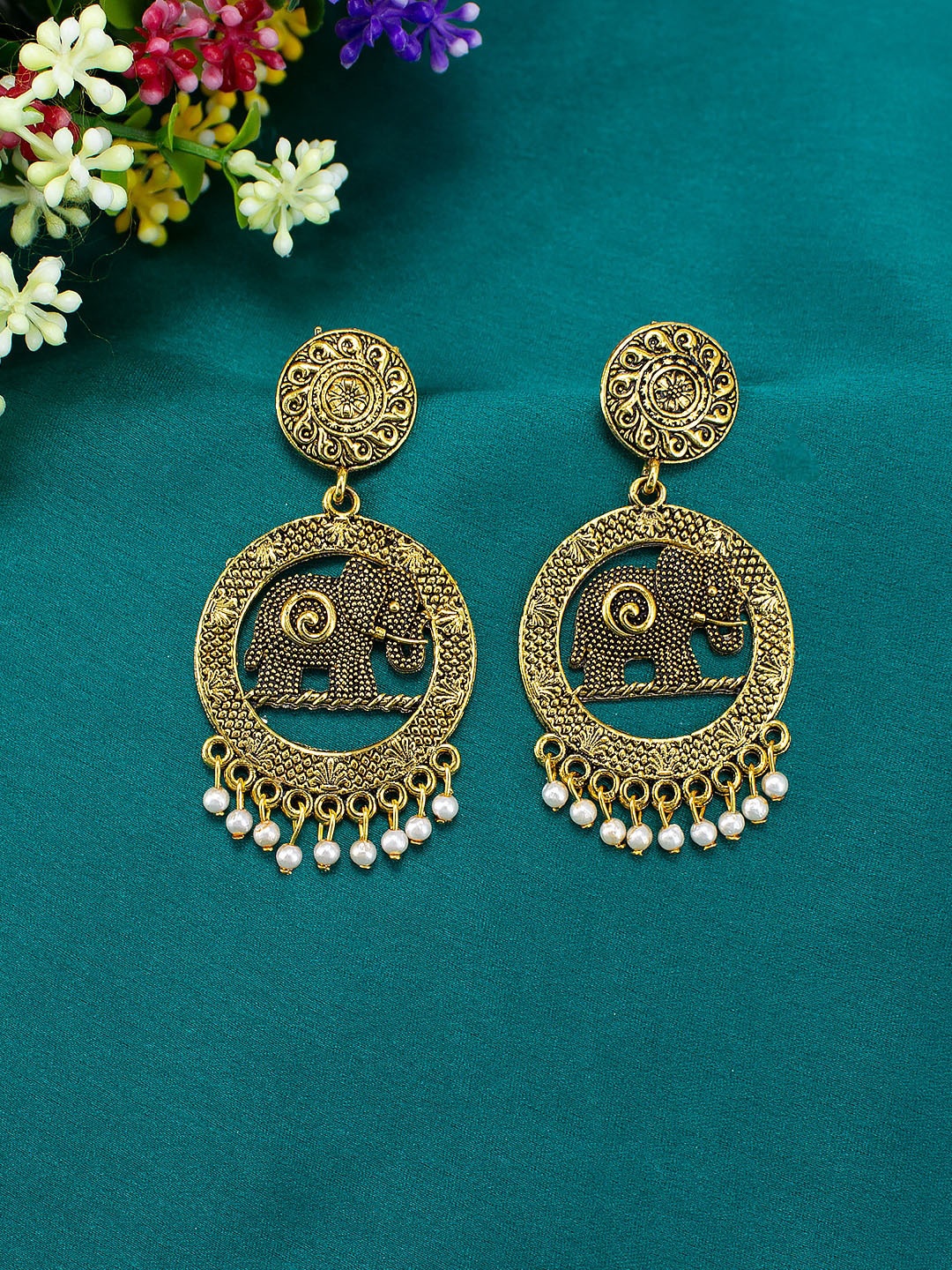 

PRIVIU Gold-Plated Beads Beaded Elephant Shaped Drop Earrings