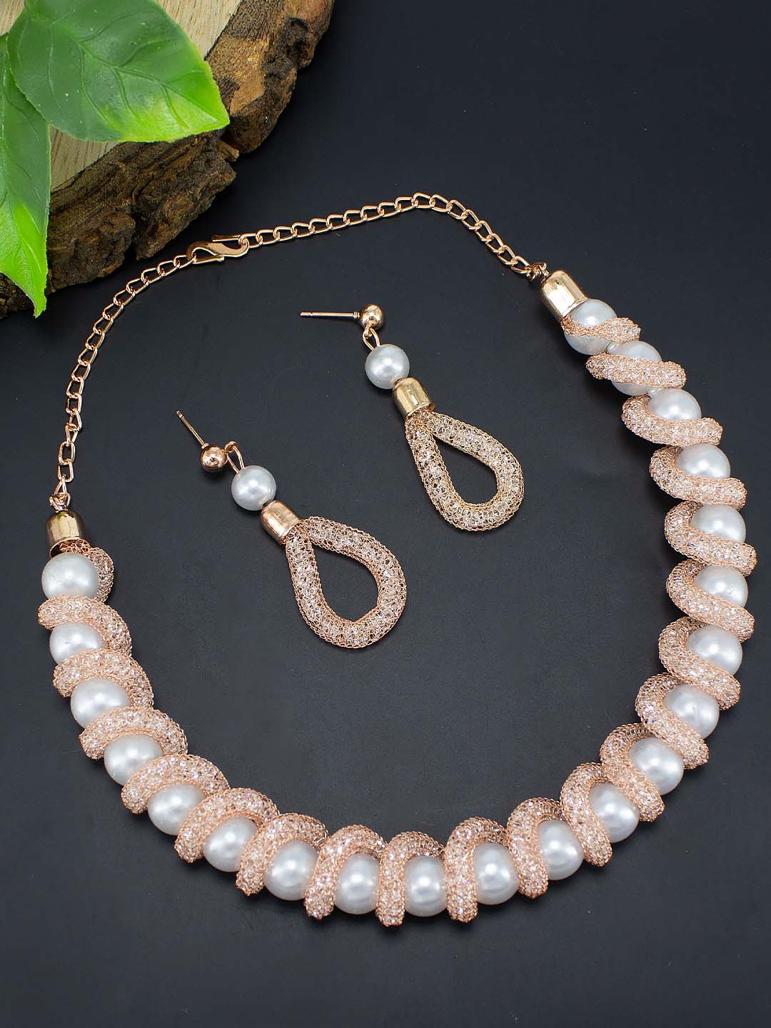 

PRIVIU Rose Gold-Plated CZ Studded Necklace & Earrings