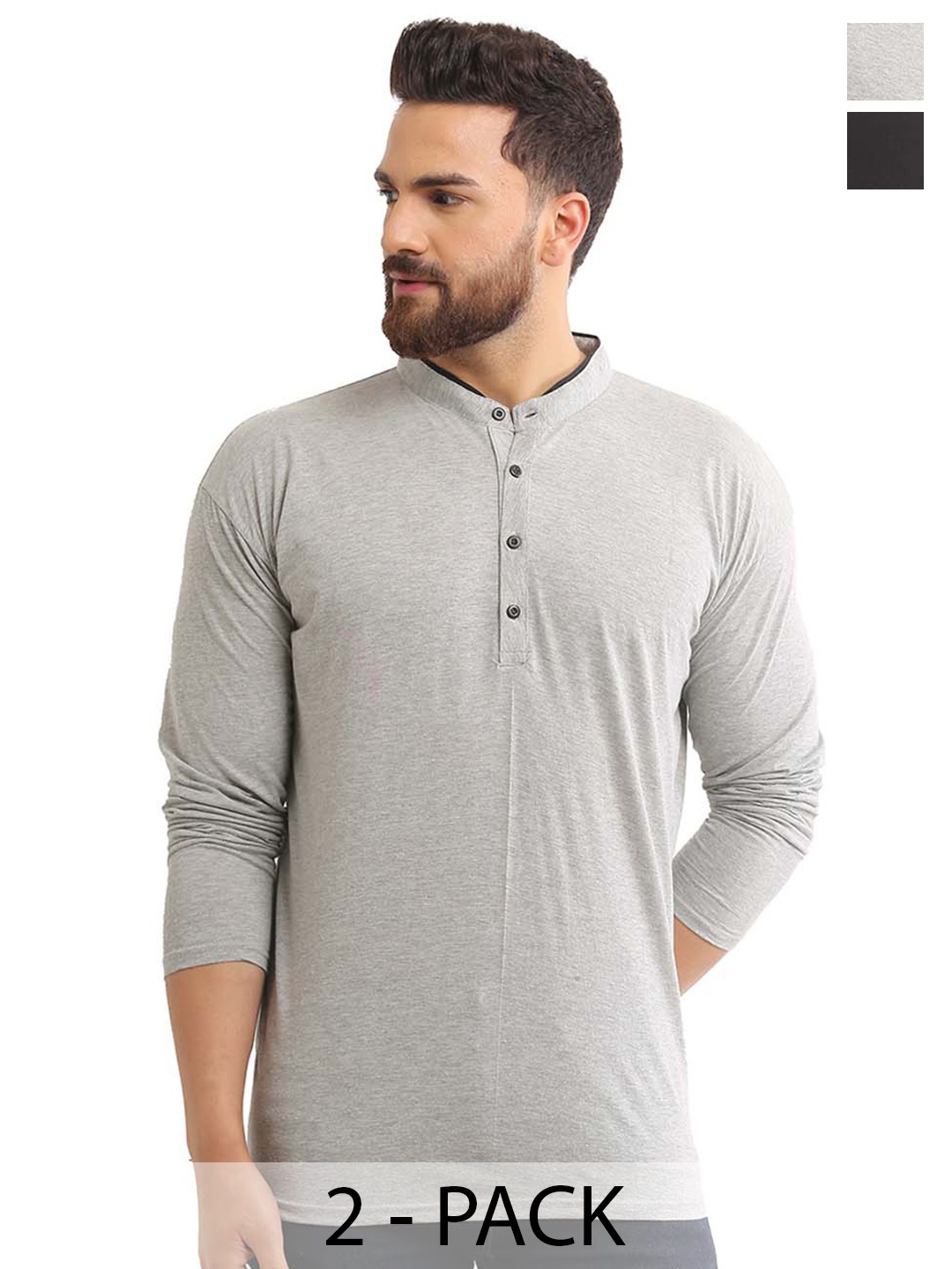 

BAESD Pack Of 2 Mandarin Collar Cotton T-shirt, Grey