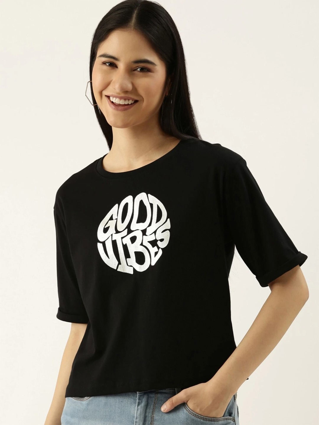 Maniac Typography Printed Slim Fit Cotton Crop T-Shirt, Black