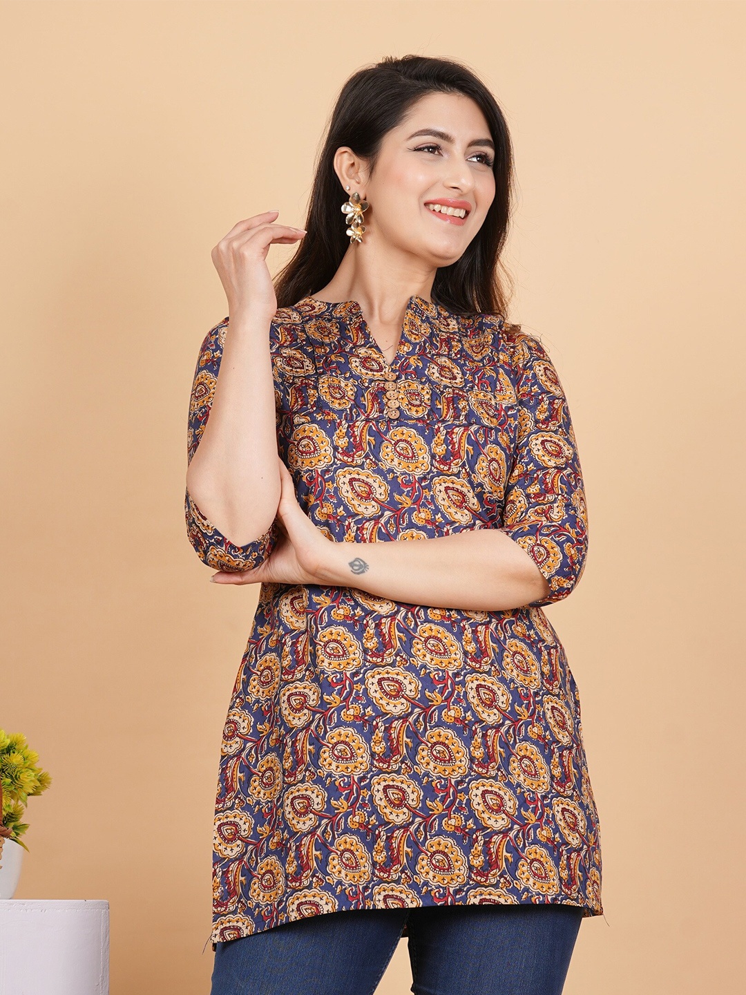 

Vbuyz Ethnic Motifs Printed Mandarin Collar Cotton Tunic, Blue