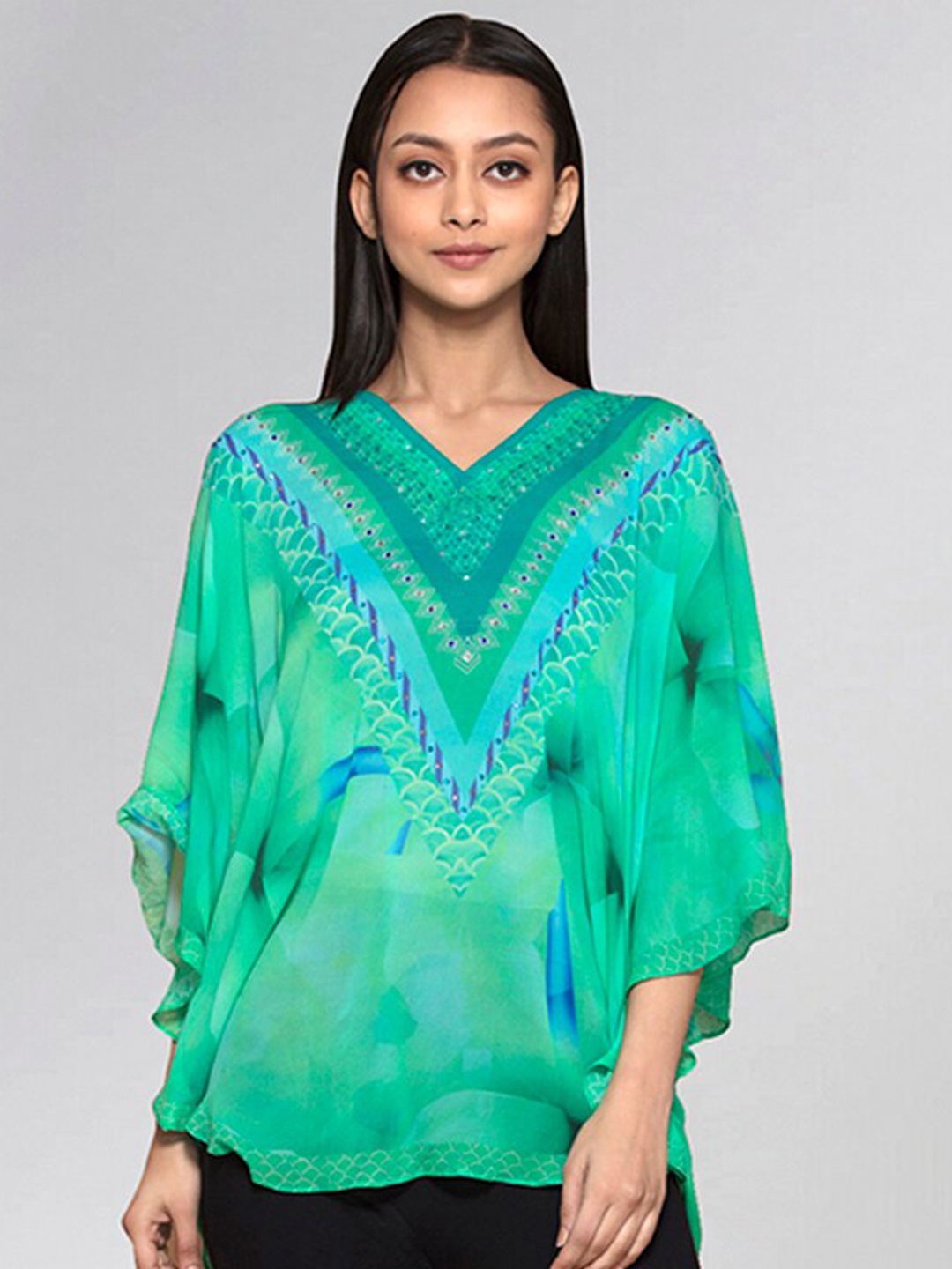 

First Resort by Ramola Bachchan Floral Printed Extended Sleeves Embellished kaftan Tunic, Turquoise blue