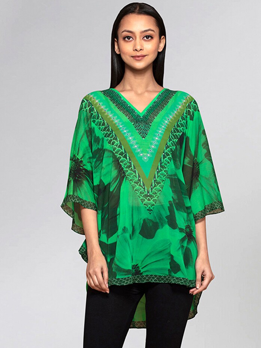 First Resort by Ramola Bachchan Printed V-Neck Crepe Tunic, Green