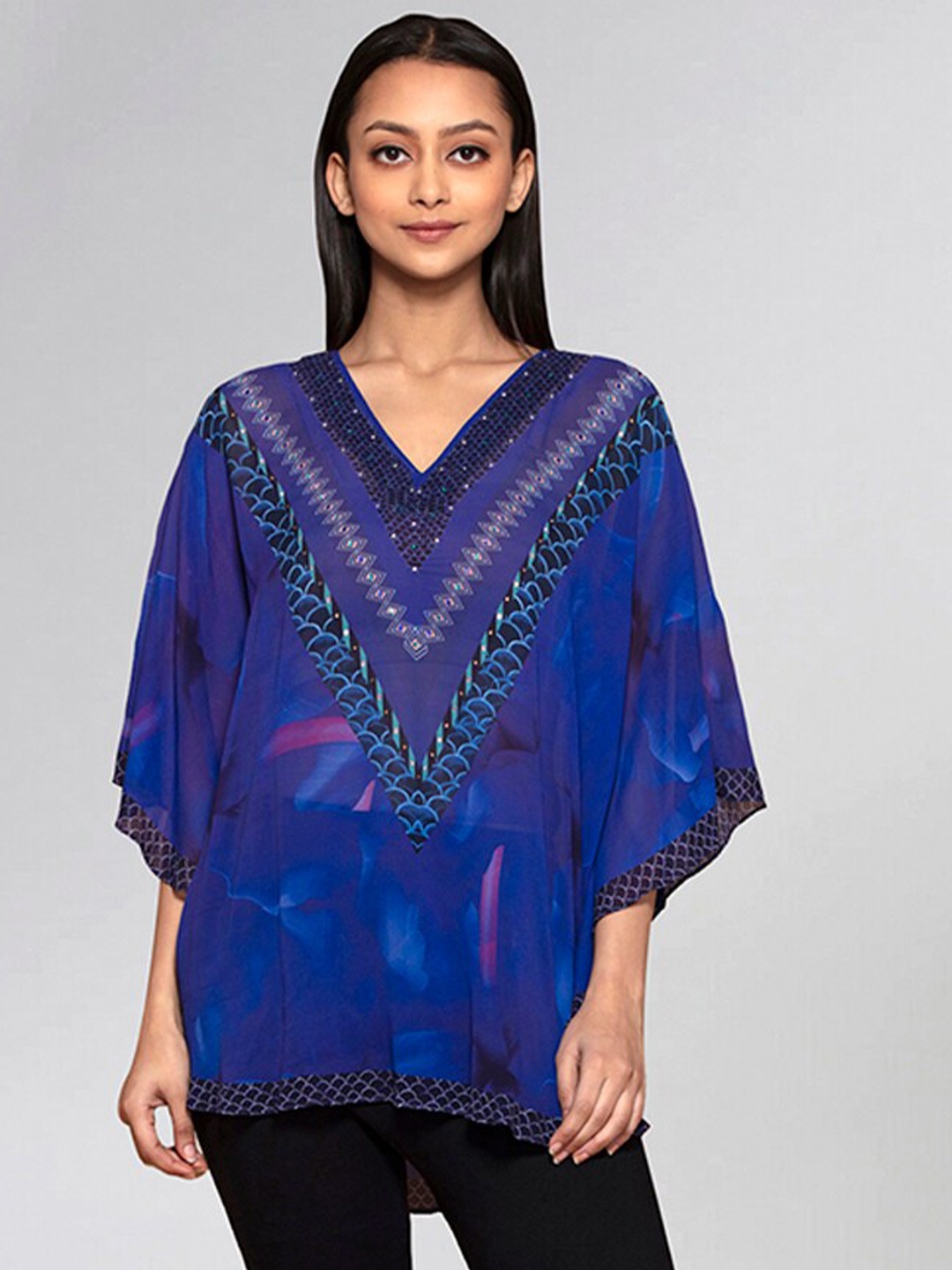 

First Resort by Ramola Bachchan Floral Printed V-Neck Crepe Tunic, Blue