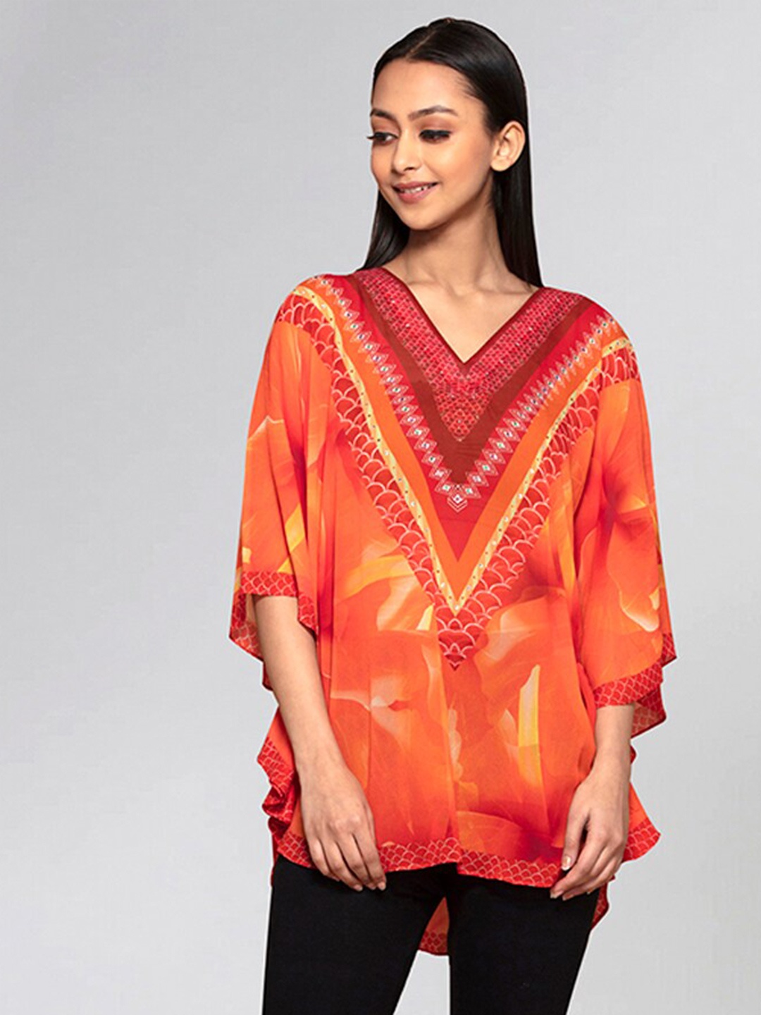 

First Resort by Ramola Bachchan Floral Printed Extended Sleeves Embellished kaftan Tunic, Orange