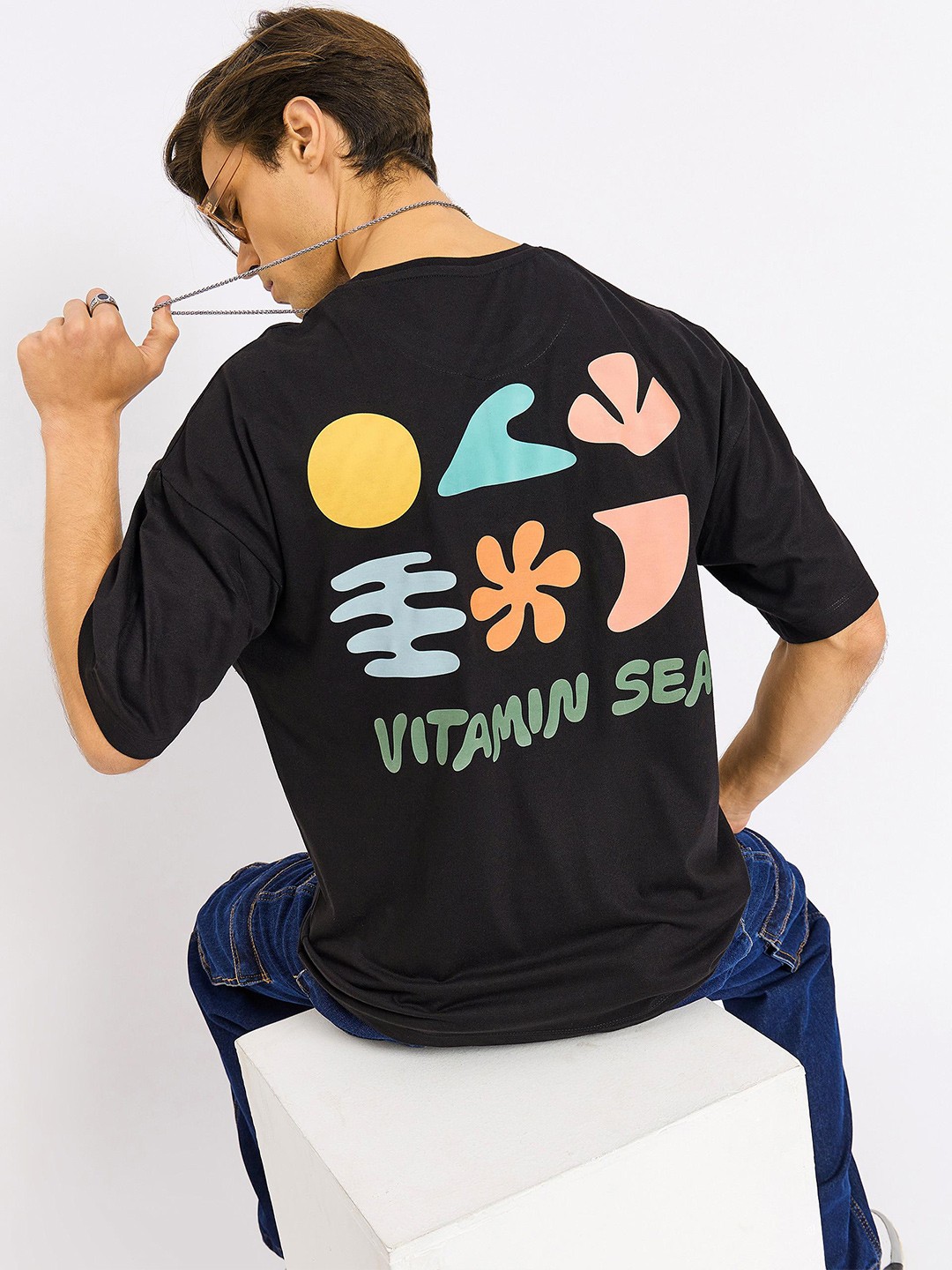 

Mast & Harbour Graphic Printed Pure Cotton Drop Shoulder Sleeves Oversized T-Shirt, Black