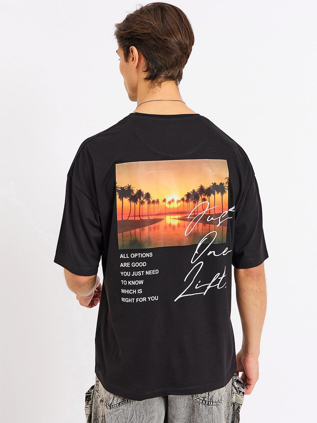 

Mast & Harbour Typography Printed Pure Cotton Drop Shoulder Sleeves Oversized T-Shirt, Black