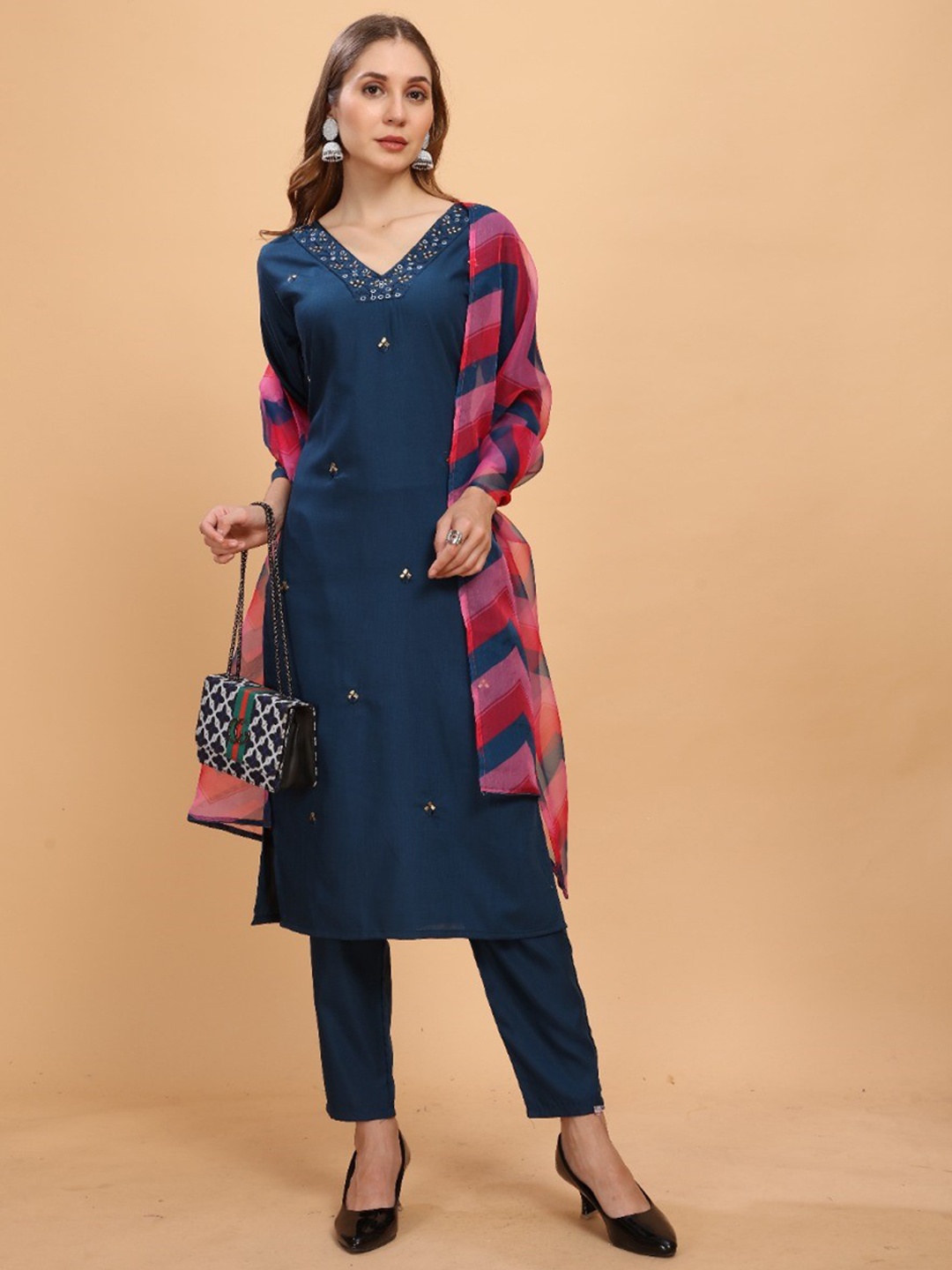 

J.KANJI Floral Embroidered Mirror Work Kurta With Trouser & Dupatta, Navy blue