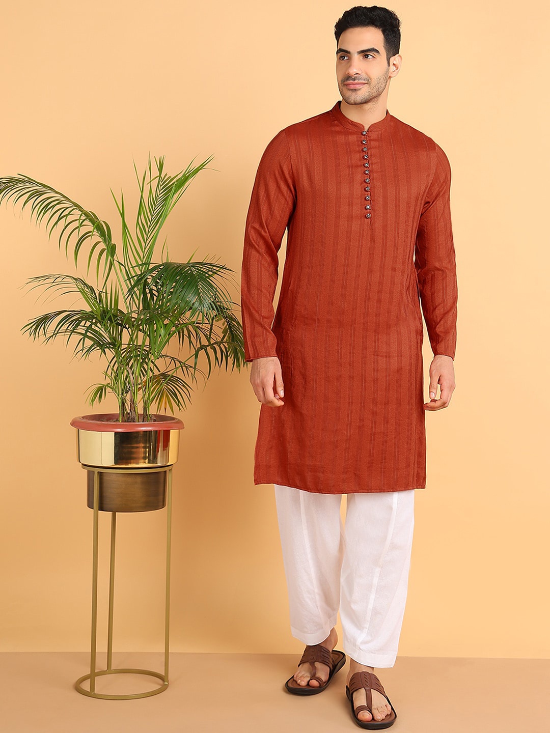 

HERE&NOW Striped Regular Cotton Kurta with Pyjamas, Orange