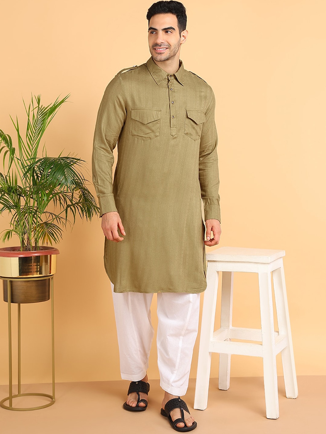

HERE&NOW Regular Cotton Kurta with Pyjamas, Beige