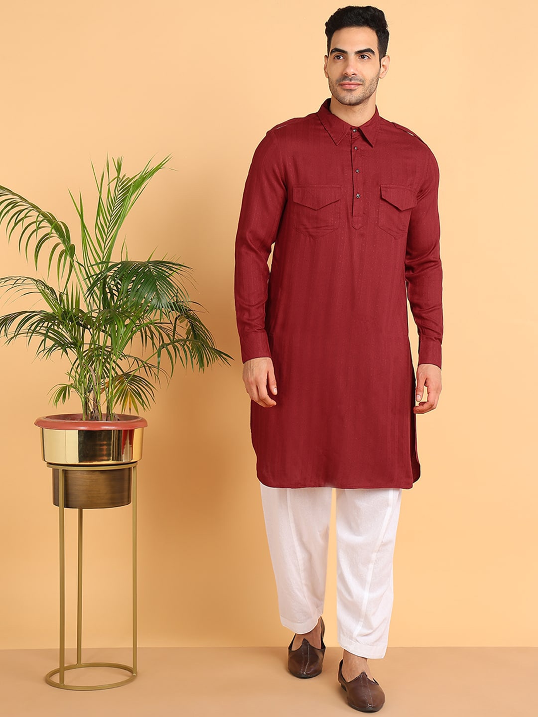 

HERE&NOW Striped Regular Cotton Kurta with Pyjamas, Maroon