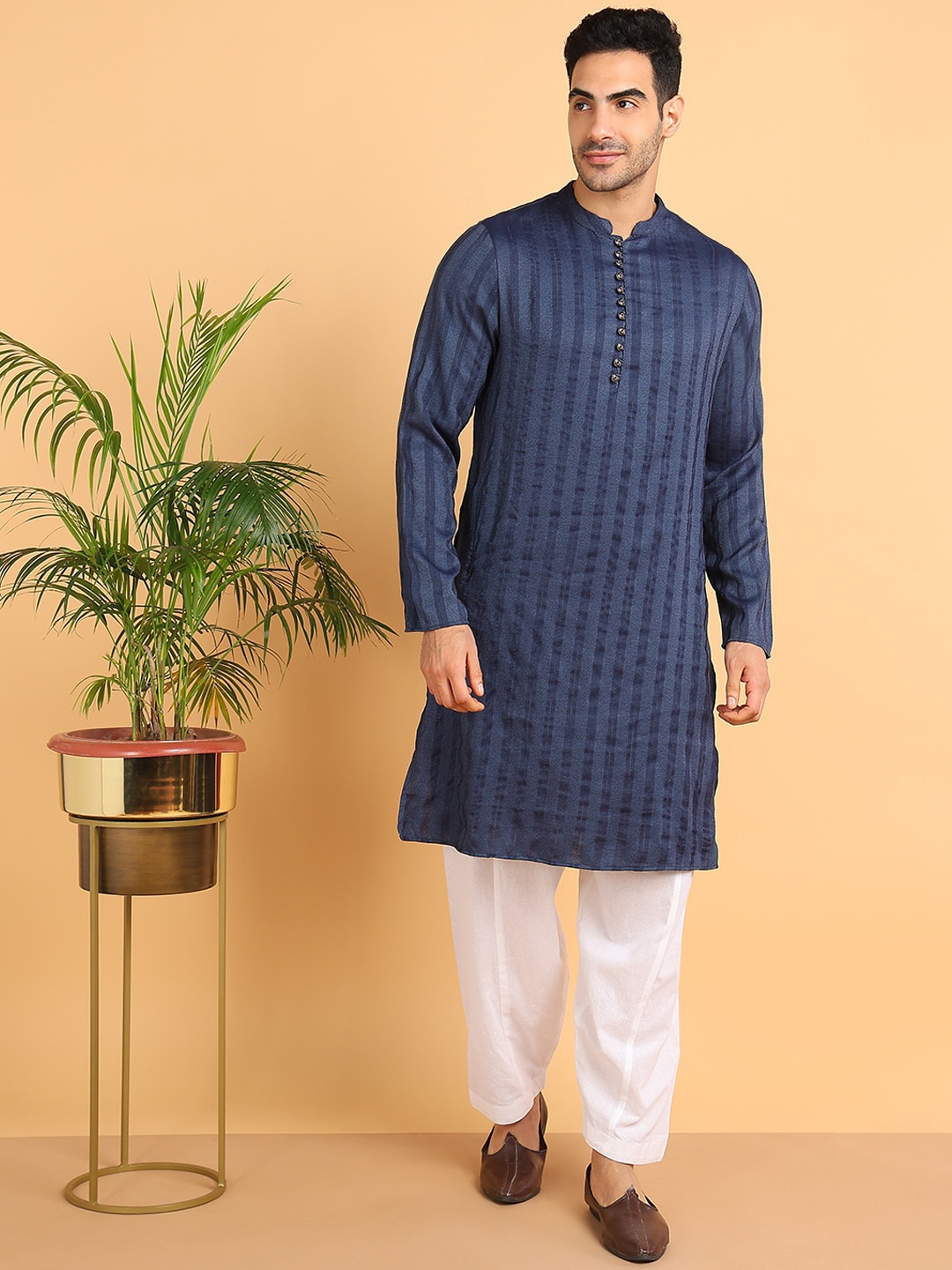 

HERE&NOW Striped Regular Cotton Kurta with Pyjamas, Blue