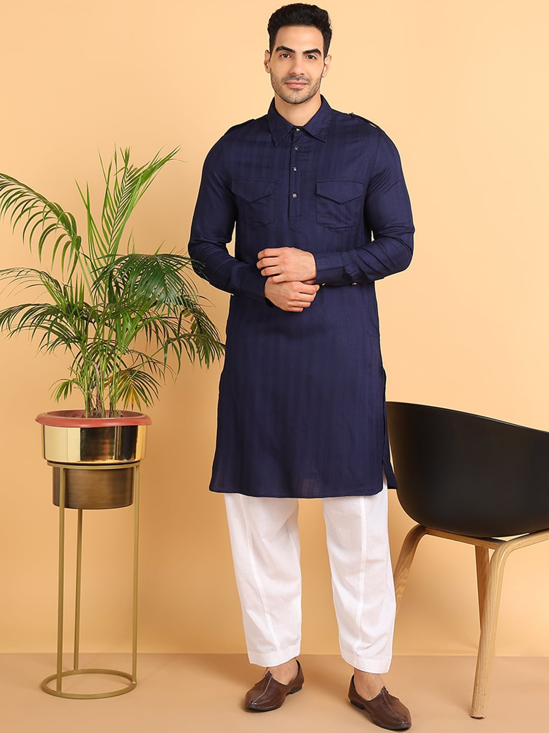 

HERE&NOW Striped Regular Kurta with Pyjamas, Blue