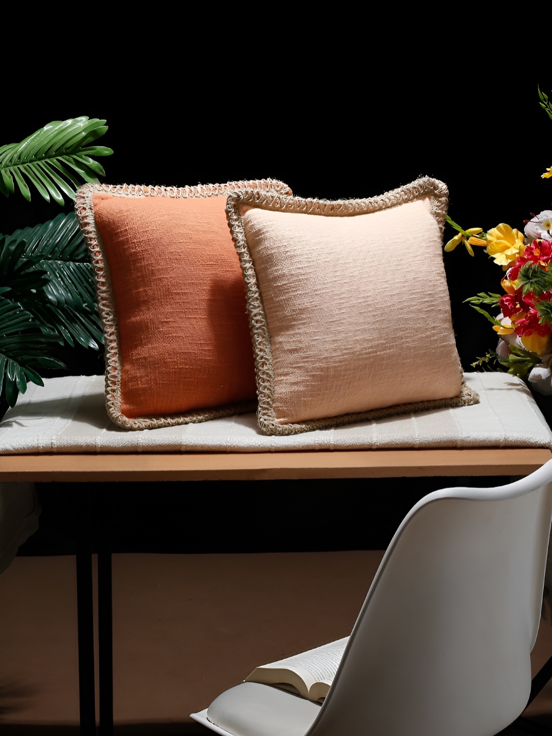 

NISRAG HOME Orange & Beige 2 Pieces Square Cotton Cushion Covers