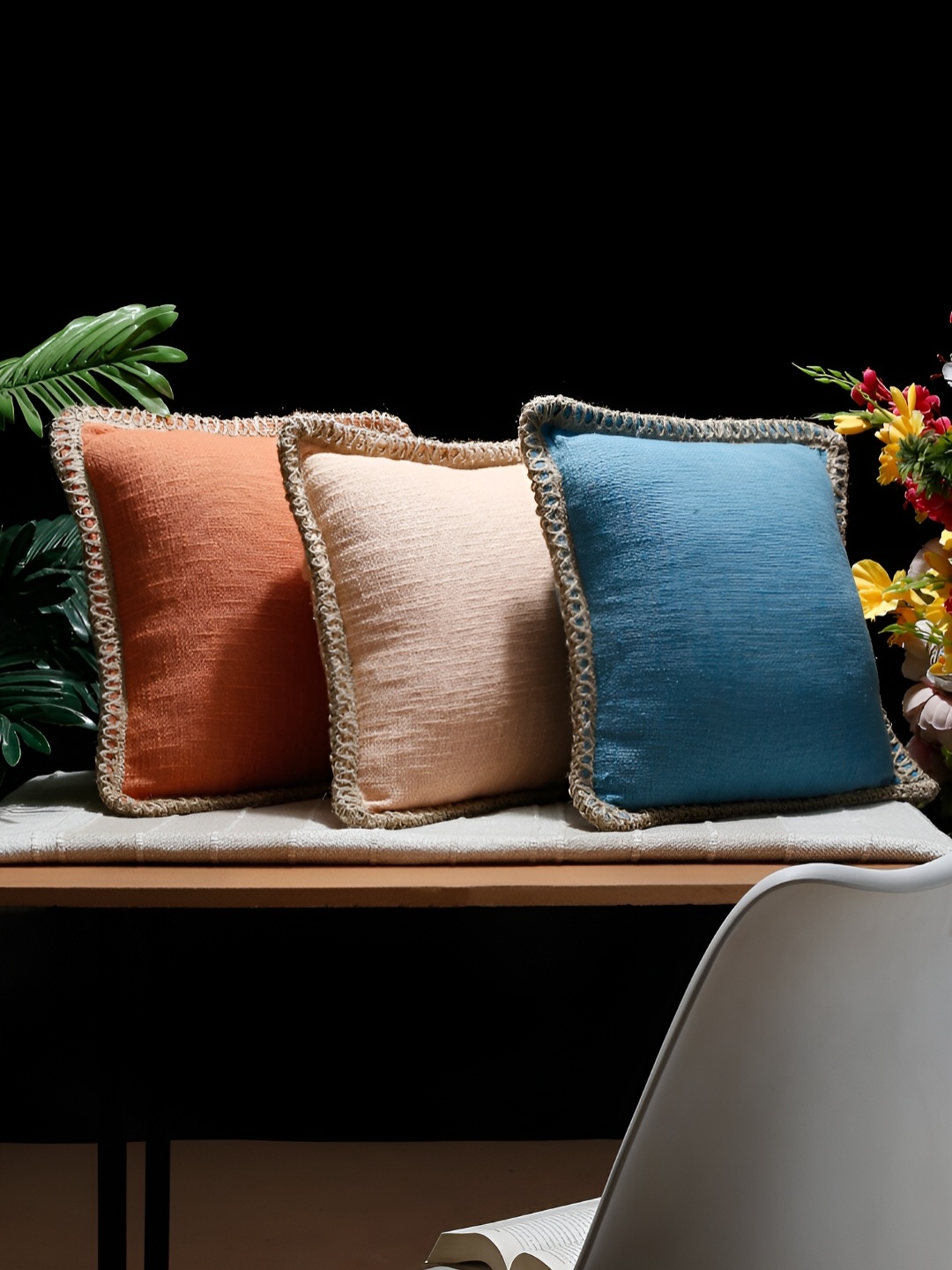 

NISRAG HOME Peach & Rust 3 Pieces Embroidered Square Cotton Cushion Covers