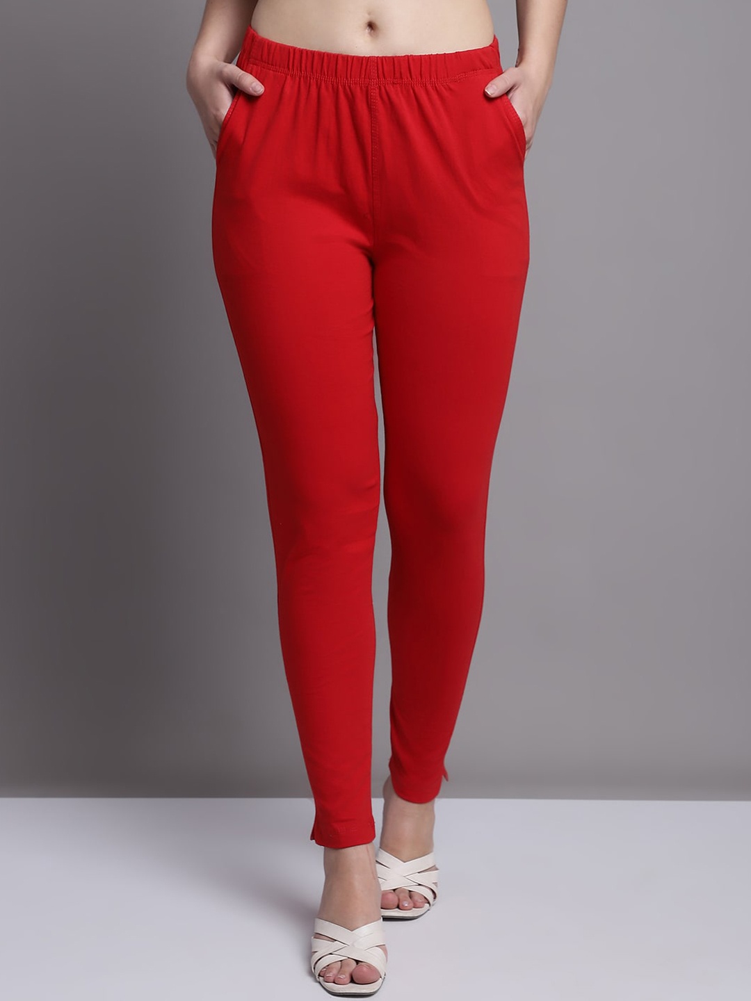 

Jinfo Mid Rise Ankle-Length Leggings With Side Pockets, Red