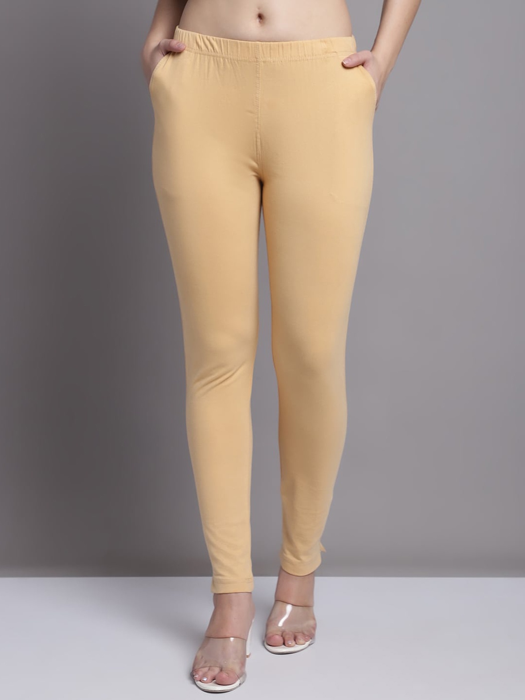 

Jinfo Mid Rise Ankle-Length Leggings With Side Pockets, Beige