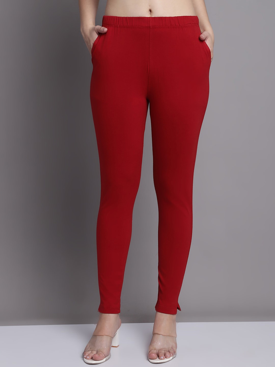 

Jinfo Mid Rise Ankle-Length Leggings With Side Pockets, Maroon