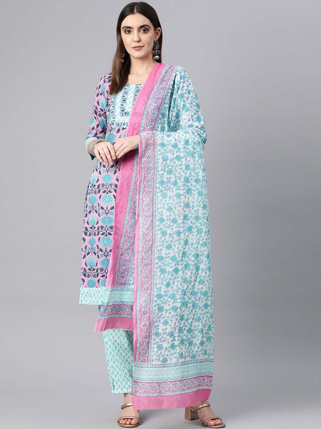 

BUTA BUTI Floral Printed Round Neck Pure Cotton Straight Kurta with Trousers & Dupatta, Pink