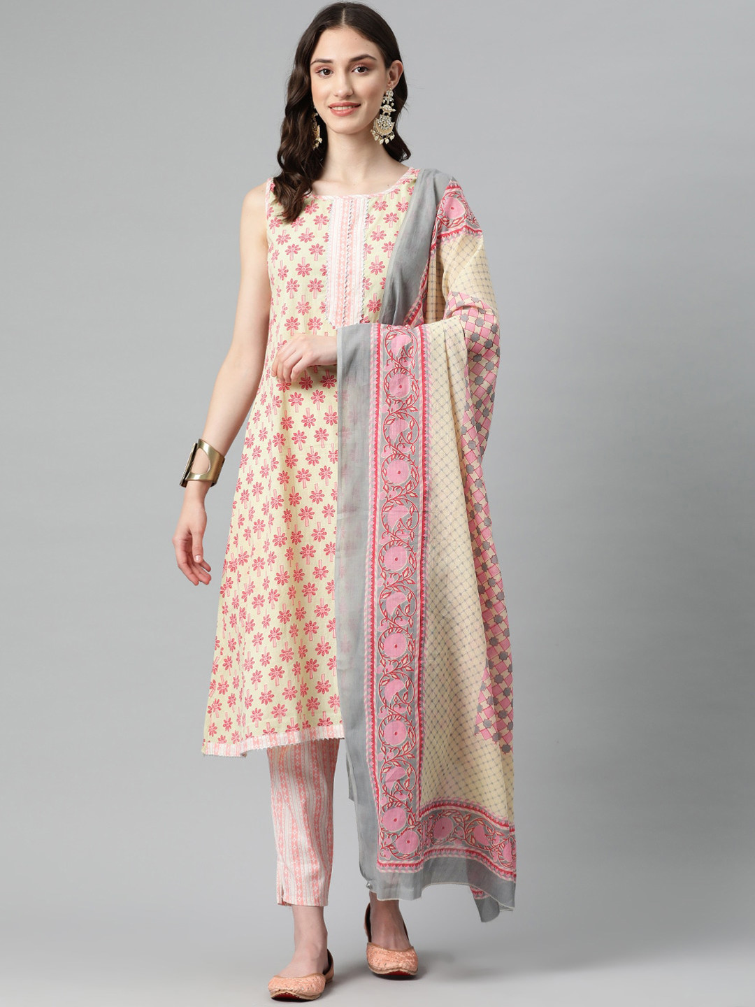 

BUTA BUTI Floral Printed Round Neck Pure Cotton Straight Kurta with Trousers & Dupatta, Beige