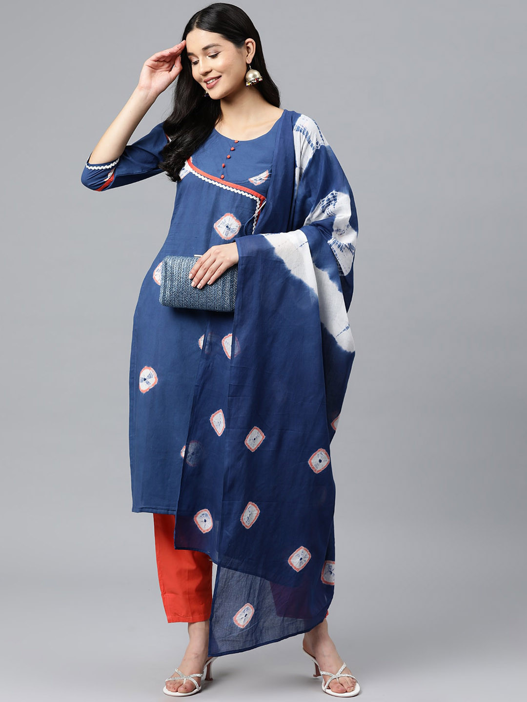 

BUTA BUTI Tie & Dye Regular Gotta Patti Pure Cotton Kurta With Trousers & Dupatta, Navy blue