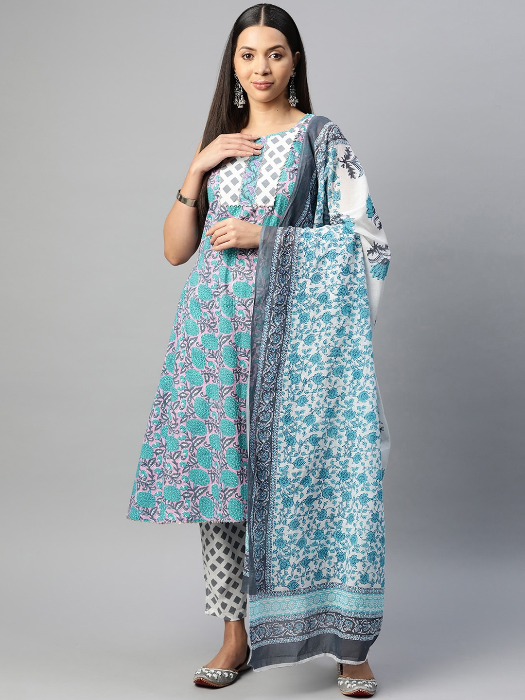BUTA BUTI Floral Printed Round Neck Sleeveless Pure Cotton Kurta with Trousers & Dupatta, Blue