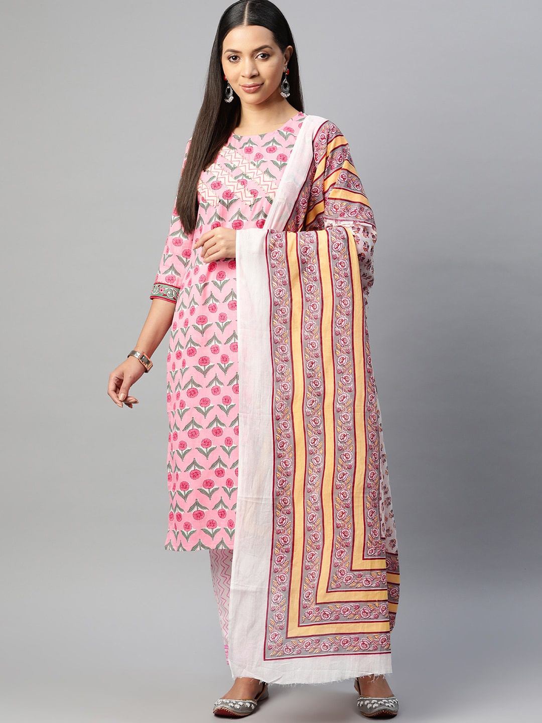 

BUTA BUTI Floral Printed Regular Gotta Patti Pure Cotton Kurta With Trousers & Dupatta, Pink