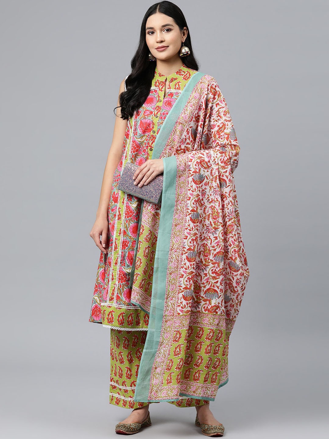 

BUTA BUTI Floral Printed Halter Neck Pure Cotton Straight Kurta With Trousers & Dupatta, Green