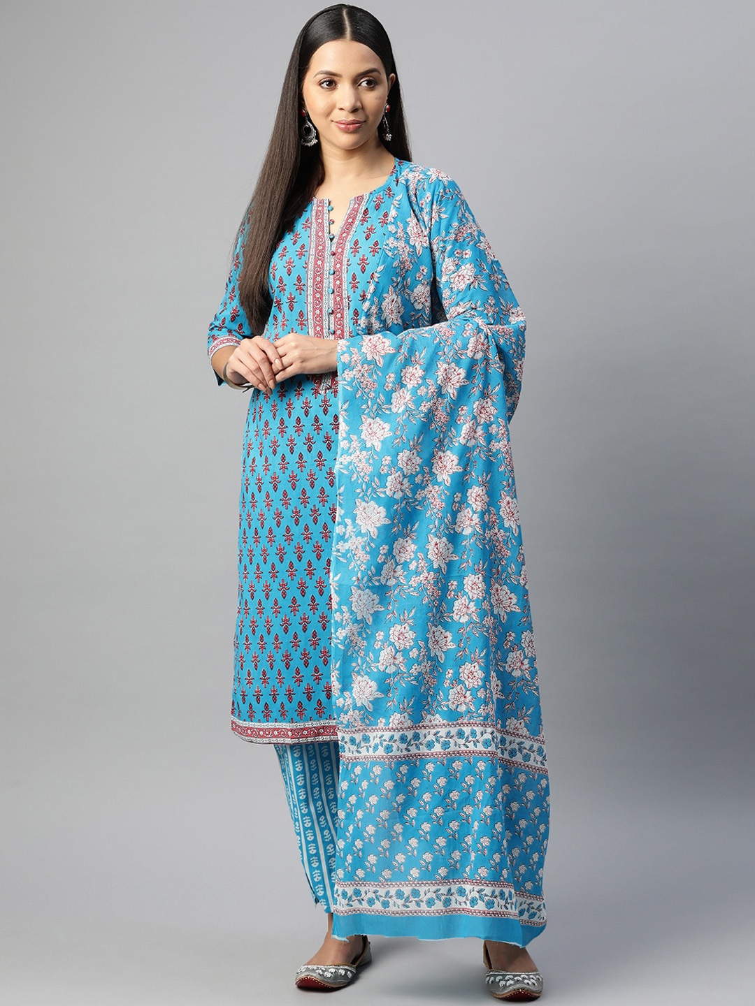 

BUTA BUTI Floral Printed Regular Pure Cotton Kurta With Trousers & Dupatta, Blue