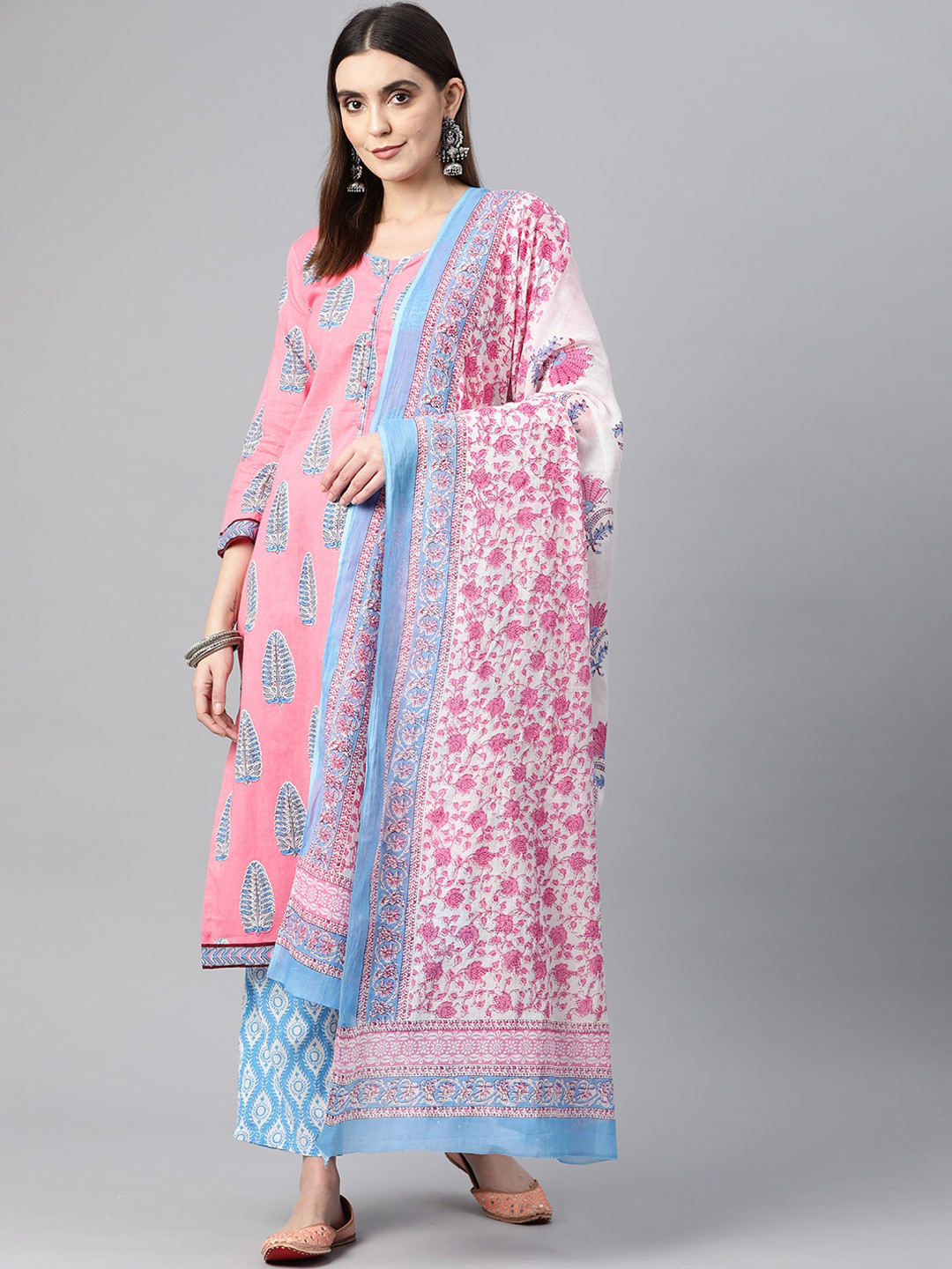 

BUTA BUTI Floral Printed Round Neck Pure Cotton Straight Kurta with Trousers & Dupatta, Pink