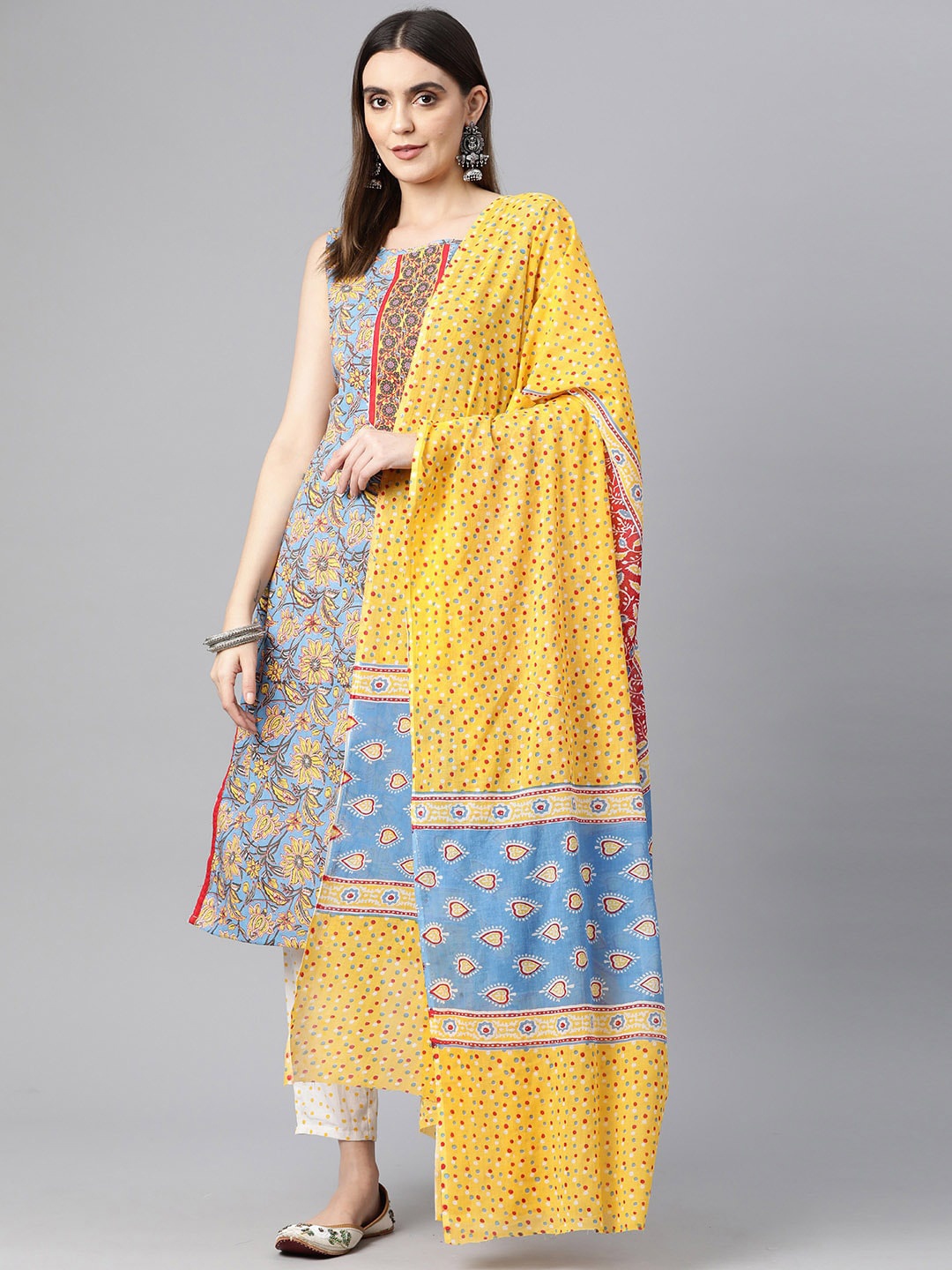 

BUTA BUTI Floral Printed Round Neck Sleeveless Pure Cotton Kurta with Trousers & Dupatta, Yellow